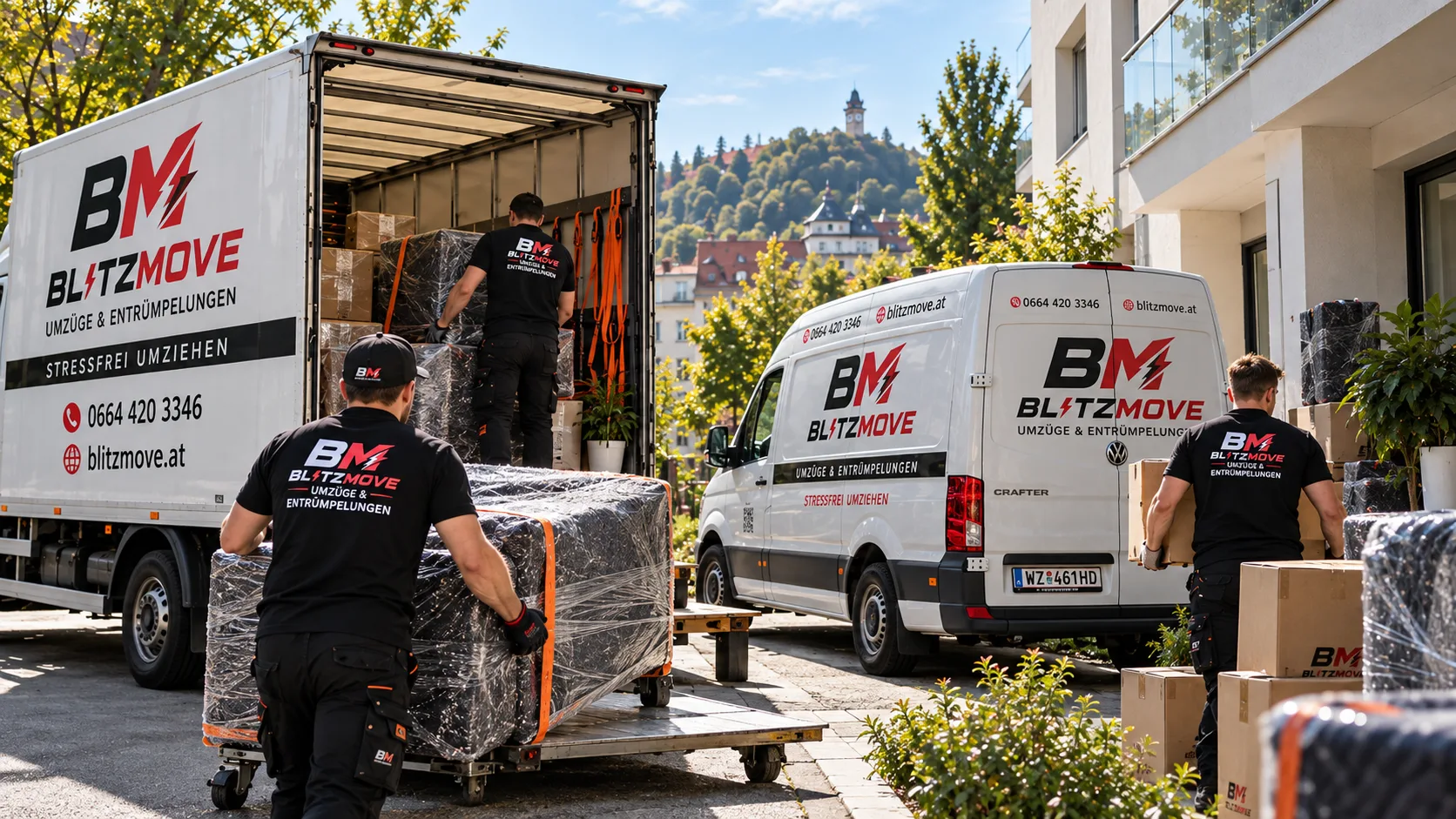 BlitzMove Mitarbeiter und Fahrzeuge bei einem Umzugsauftrag